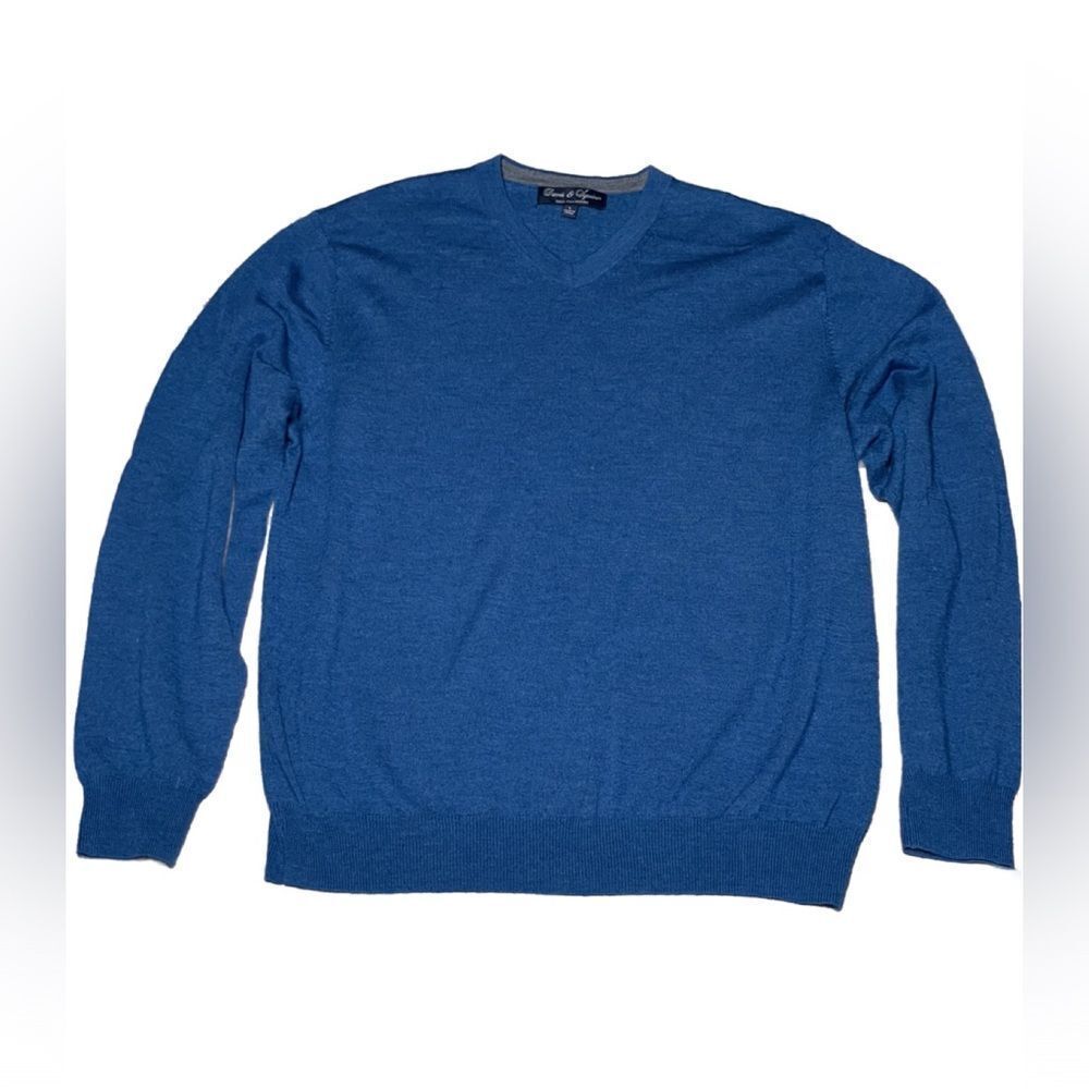 Davis & Squire Men's V-Neck 100% Merino Wool Lightweight Blue Sweater (Size: L)